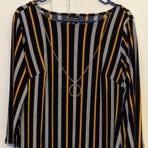 Navy Gold & White Striped Long-Sleeved Dress